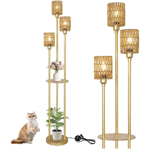 Rayofly Gold 3-flammige Rattan Stehlampe, Modern, mit Regal und Fußschalter, Boho Stil für Wohnzimmer und Büro