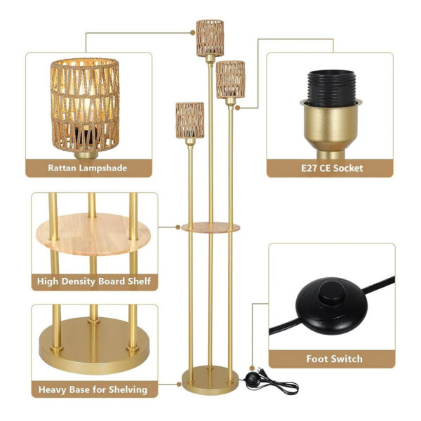 Rayofly Gold 3-light rattan floor lamp, modern, with shelf and foot switch, boho style for living room and office