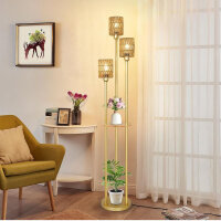 Rayofly Gold 3-flammige Rattan Stehlampe, Modern, mit Regal und Fußschalter, Boho Stil für Wohnzimmer und Büro