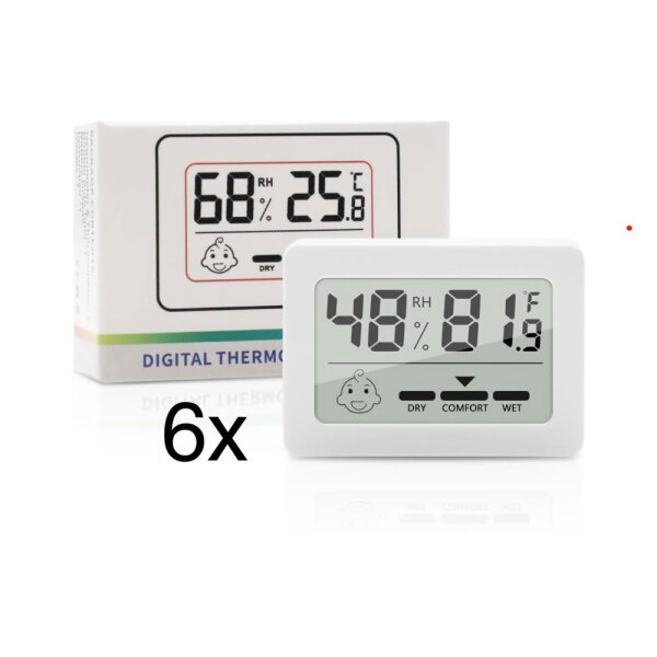 Mini Thermometer Hygrometer, 6 PCS, LCD Digital, Room Temperature & Humidity, White, Compact and Precise.