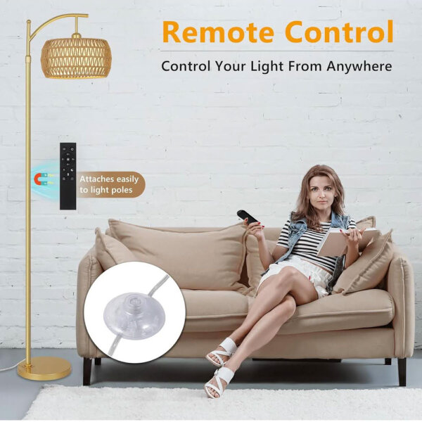 Rayofly Gold Floor Lamp, Dimmable, Rattan, Remote Control, App Control, Boho, Modern for Living Room, Bedroom, Office