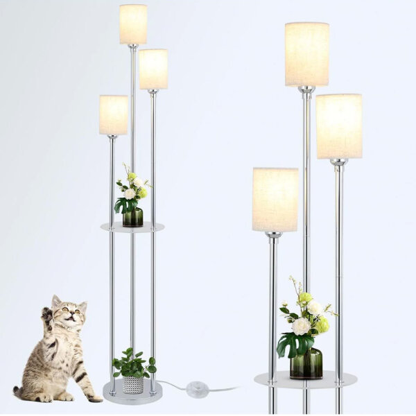 Rayofly Stehlampe, 3-flammig, Wohnzimmerlampe, Chrom, Leinen, Fußschalter, Vintage, Regal, Büro, Schlafzimmer