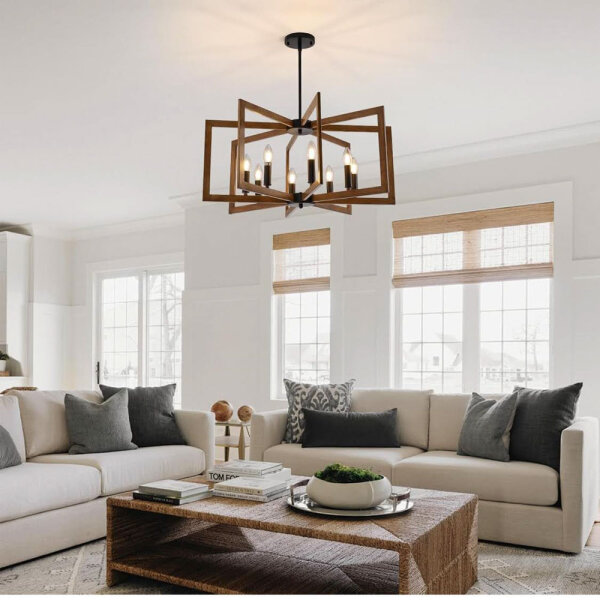 Vintage ceiling light E14 geometric, 8 lights, metal, black, wood texture, ideal for bedroom, living room, dining room, hallway.