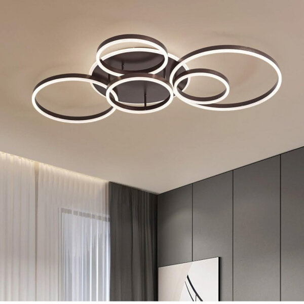 minifair Dimmable LED Ceiling Light 116cm 108W 6400lm Remote Control 6-Ring Chandelier for Living Room Bedroom Dining Room 3000-6000K Brown