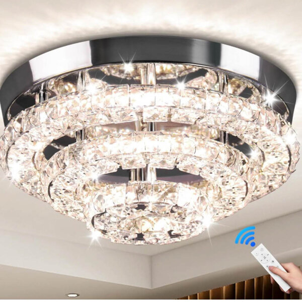 Cainjiazh 11.8" LED crystal ceiling light, dimmable, modern design, remote control, ideal for dining room and hallway.