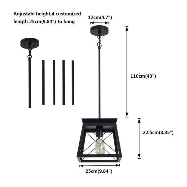 Ganeed Farmhouse Pendant Light 1 Light Metal Cage Rustic Height Adjustable for Kitchen Dining Room Bedroom Foyer Black