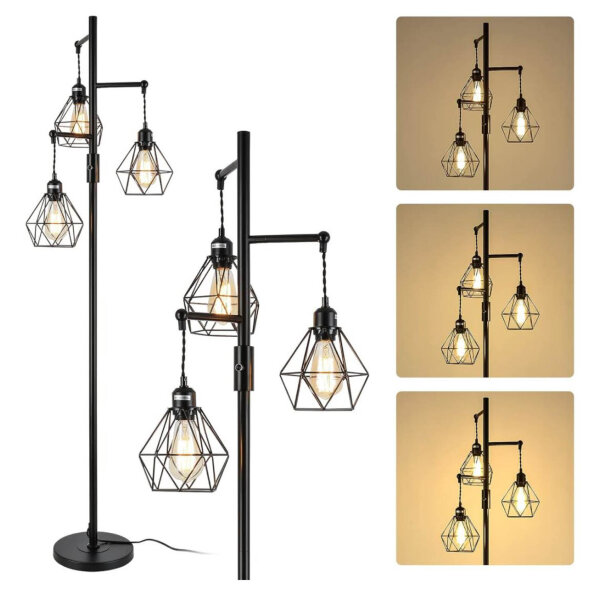 Rayofly Dimmable Diamond Floor Lamp, 162cm, Industrial Black, 3 Cage Lampshades, Dimmer, Metal Vintage for Living Room, Bedroom, Dining Room.