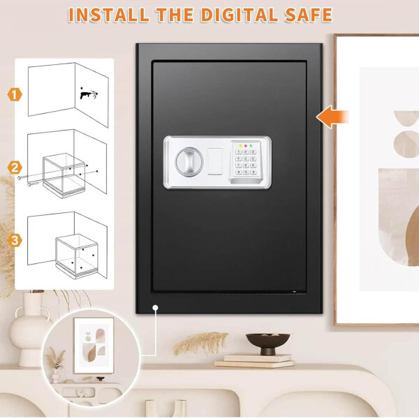 Mejasg 70L Tresor, feuerfest, mit Dokumententasche, 2 Regalen, Alarmanlage, digital, für Zuhause, für Bargeld, Schmuck, A4 Dokumente.