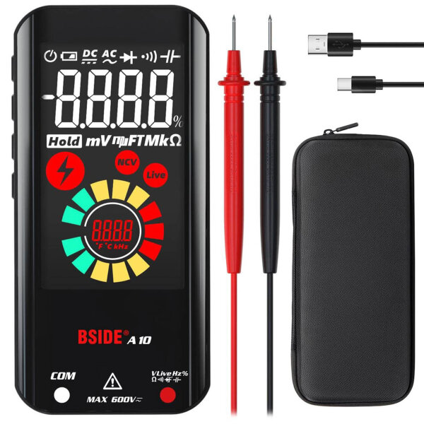 BSIDE Digitales Multimeter, wiederaufladbar, 3 Ergebnisse, 9999 Zählungen, Farb-LCD, V-Alert, Spannungsprüfer, Schwarz