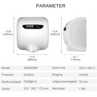 AIKE AK2800B ECO electric hand dryer, stainless steel, automatic sensor, HEPA filter, 10-15 sec. drying, environmentally friendly, efficient