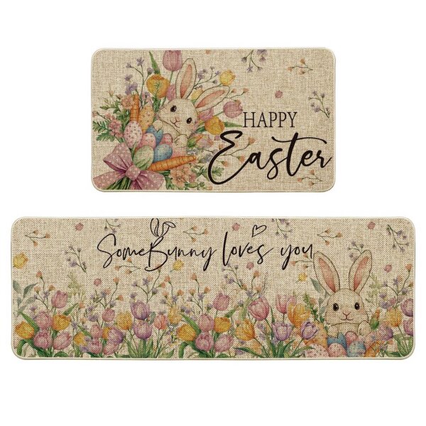 Artoidenmodus Set of 2 kitchen stripes, tulip design, Easter rabbit, washable, 43 x 73 cm and 43 x 118 cm, indoor and outdoor decoration