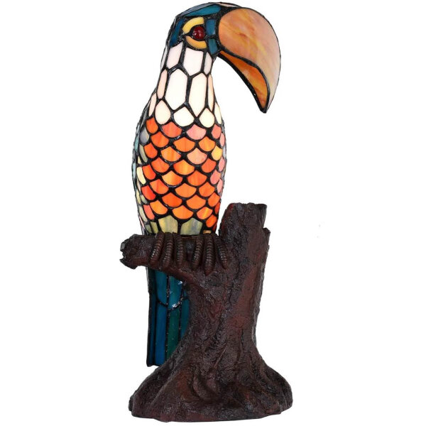 Bieye L30813, Table Lamp, Tiffany Style, Stained Glass, 16.25 inches Tall, Toucan on Tree Trunk, Night Light