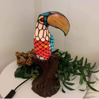 Bieye L30813, Table Lamp, Tiffany Style, Stained Glass, 16.25 inches Tall, Toucan on Tree Trunk, Night Light