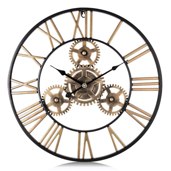 LaFocuse große Industriewanduhr, 61 cm, Steampunk, Vintage, ruhiges Metallskelett, römische Zahlen, ideal für Wohnzimmer oder Bar