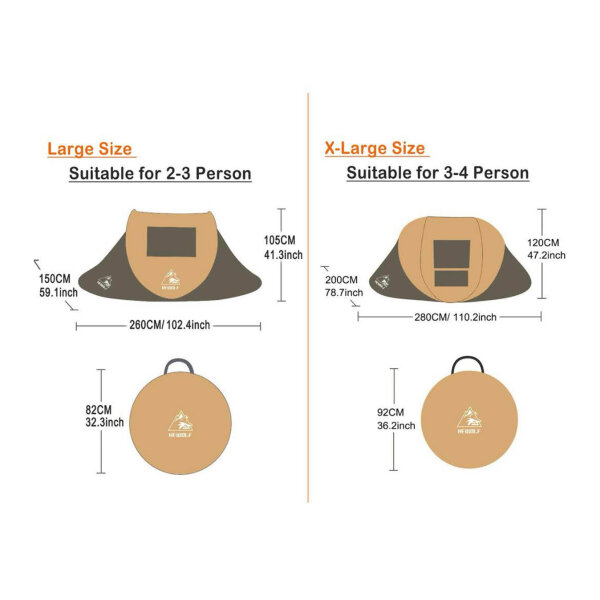 Wurfzelt Pop Up Zelt 2-4 Personen Camping Ultraleicht mit Vorzelt Automatik Sonnenschutz Armeegrün XL