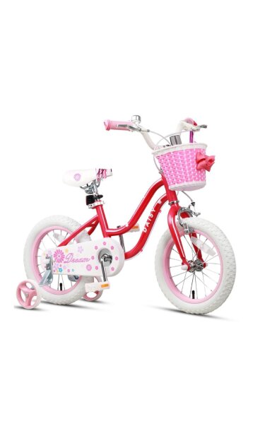 Glerc Daisy 12 Zoll Kinderfahrrad rot für Mädchen 1-4 Jahre mit Stützrädern, Korb und Luftschlangen