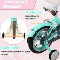 Glerc Freesia 14-inch childrens bike retro vintage, for 3-5 years, with stabilizers and bell, green