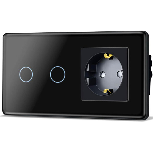 TAWOIA Touch Light Switch, EU Standard, 1 Gang Socket, 2.5D Curved Glass Panel, 86x157mm, Black