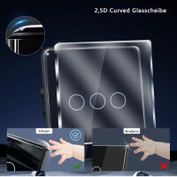 TAWOIA Touch Lichtschalter 3 Fach, Unterputz, 2.5D Curved Glasplatte, 86x86mm, Schwarz, elegantes Design, einfache Bedienung.