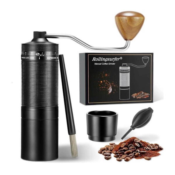 Rollingsurfer C1, manual coffee grinder, portable, stainless steel, precise grinding performance, compact and lightweight.