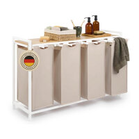 Blumtal Laundry Collector 4 Compartments Cream Laundry Basket with Shelf Bamboo Look Metal Frame White Laundry Separator 4 Compartments