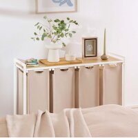 Blumtal Laundry Collector 4 Compartments Cream Laundry Basket with Shelf Bamboo Look Metal Frame White Laundry Separator 4 Compartments