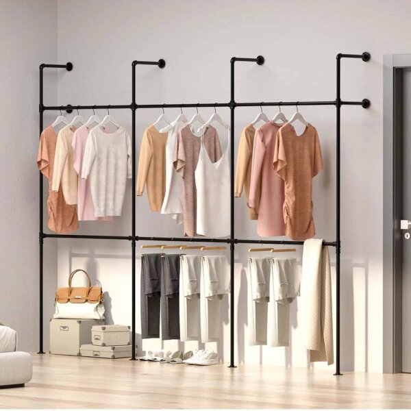 SMONTER Clothes Rack, Height Adjustable, Metal, Wall Mounted, 6 Grids for Wardrobe, Bedroom