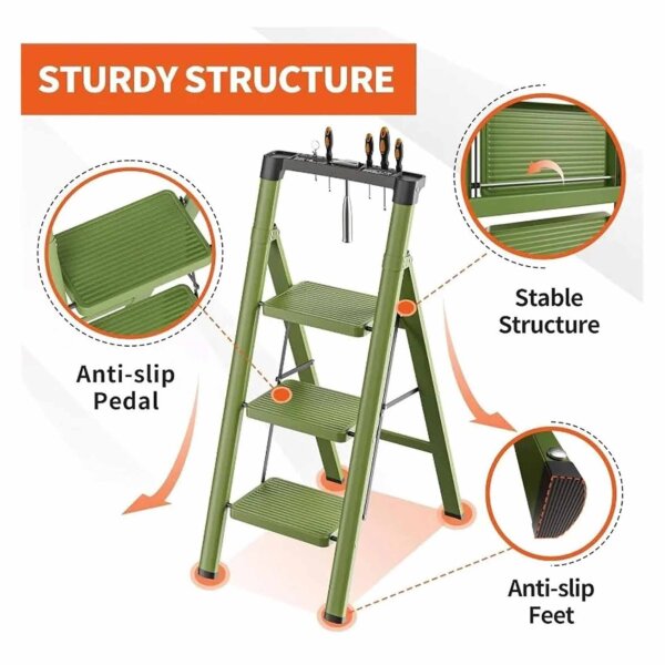 JOISCOPE Portable Ladder, 3 Steps Stepladder, Reinforced Carbon Steel, Non-Slip Steps, Foldable, Green.