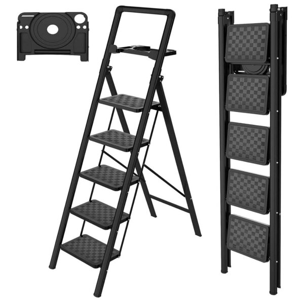 HBTOWER folding chair 5 steps, non-slip pedal, 150 kg load capacity, black, ideal for home and workshop.