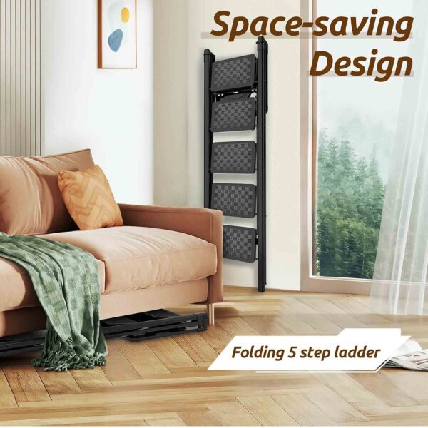 HBTOWER Klappstuhl 5 Schritte, rutschfester Pedal, 150 kg Tragkraft, schwarz, ideal für Haushalt und Werkstatt.