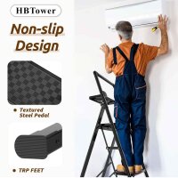 HBTOWER folding chair 5 steps, non-slip pedal, 150 kg load capacity, black, ideal for home and workshop.