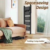 HBTOWER folding chair 5 steps, non-slip pedal, 150 kg load capacity, black, ideal for home and workshop.