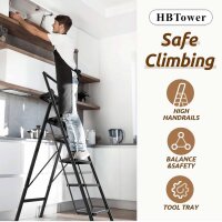 HBTOWER folding chair 5 steps, non-slip pedal, 150 kg load capacity, black, ideal for home and workshop.