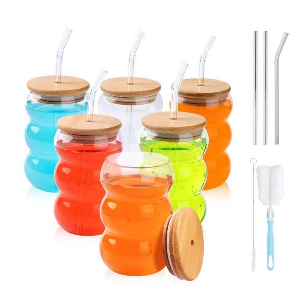 Shendong Set von 6 Gläser mit Deckel und Strohhalmen, Küstengläser mit Bambusdeckel, stilvoll und praktisch.