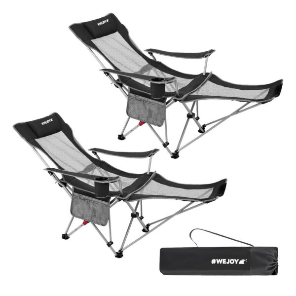 Wejoy Camp Chair 2 in 1, Folding Chair, Adjustable Backrest, Footrest, Pillow, Drinking Handle, Armrest Pockets