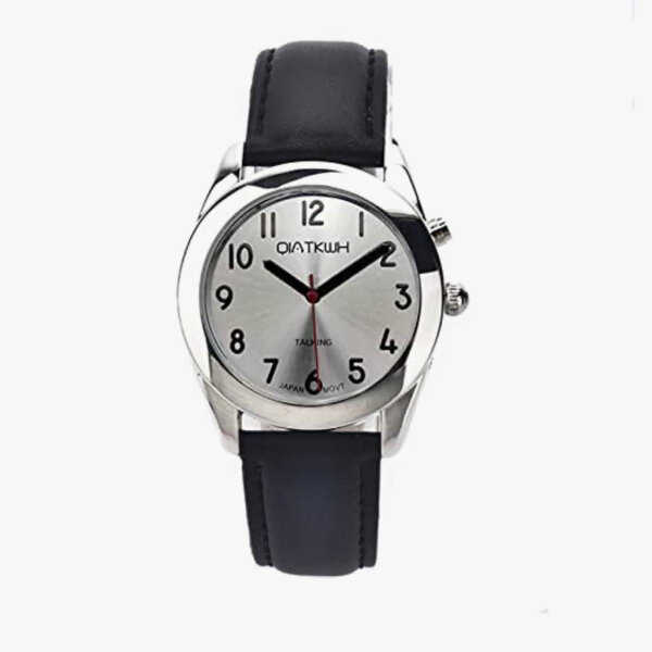 QIATKWH German-speaking watch, sun-pattern dial, silver case, black leather strap, retractable stainless steel bracelet