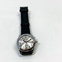 QIATKWH German-speaking watch, sun-pattern dial, silver case, black leather strap, retractable stainless steel bracelet