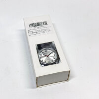 QIATKWH German-speaking watch, sun-pattern dial, silver case, black leather strap, retractable stainless steel bracelet