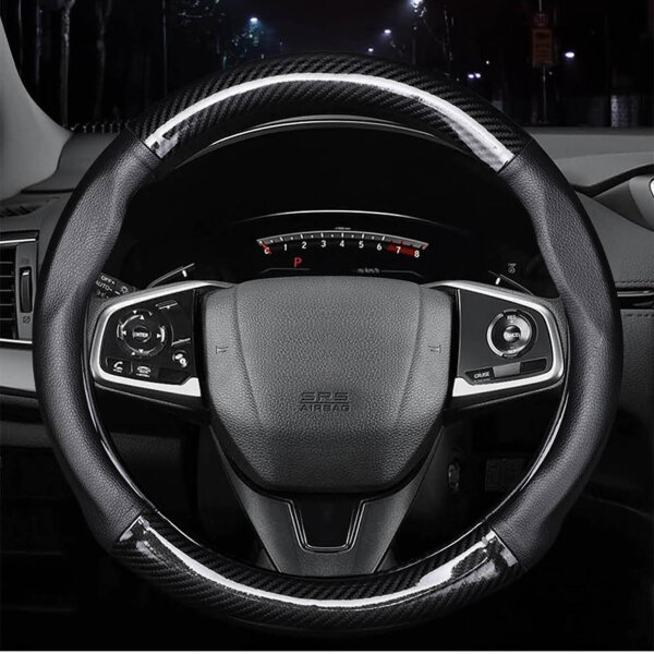 Autsop steering wheel cover, universal 14.5-15 inch, nappa leather, carbon fiber, for summer & winter, brilliant black.
