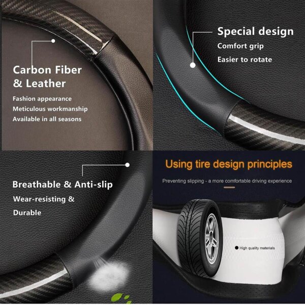 Autsop steering wheel cover, universal 14.5-15 inch, nappa leather, carbon fiber, for summer & winter, brilliant black.