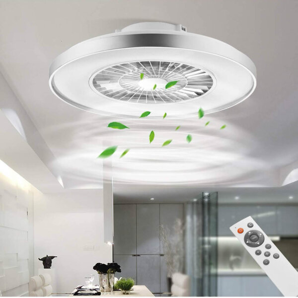 BKZO LED Ceiling Light, Ceiling Fan, 24 Speeds Dimmable, 3000-5500K, Silver Frame, for Living Room, Bedroom, Office.