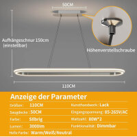 Mikeru 110CM LED Pendelleuchte silbergrau, dimmbar 3000K/4500K/6500K, Memory-Funktion, ideal für Kücheninseln