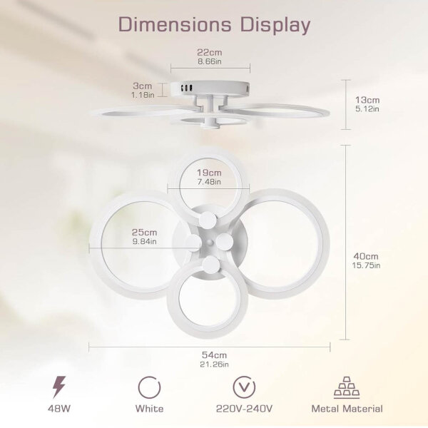 KSIBNW LED Ceiling Light 36W Dimmable Modern 4 Rings White Remote Control APP Control 2700K-6500K for Living Room Bedroom