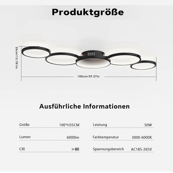 BAYHT Ceiling Light LED 50W 6000LM dimmable Black round 3000K-6500K for living room and bedroom