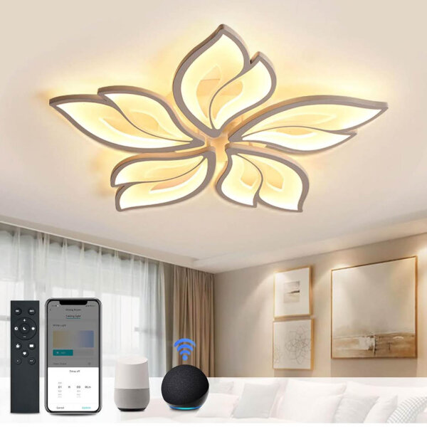 Smart ceiling light, living room lamp, LED ceiling light flower design, dimmable, 5 heads, APP control, compatible with Alexa and Google Home