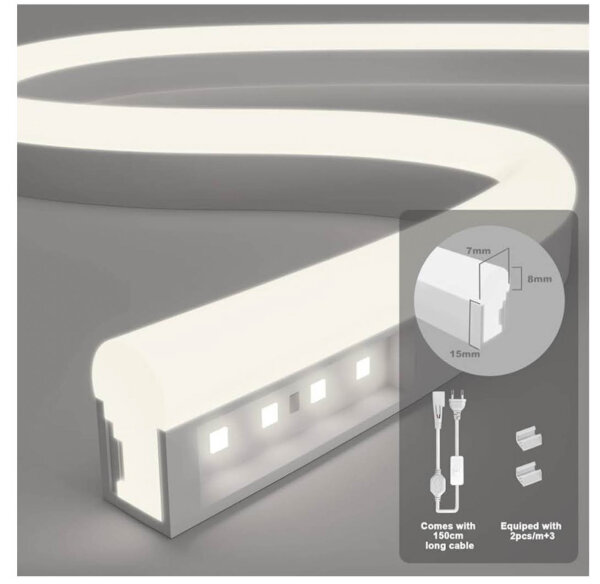 KSIBNW Neon LED Strip, 30m, IP65, Cool White, Flexible Waterproof Light Strip for Indoor/Outdoor, Including Power Supply & Controller.
