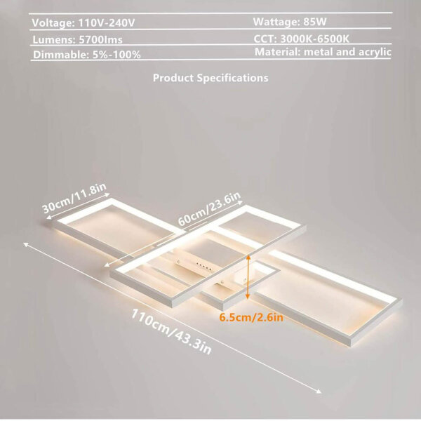 Diossad dimmable LED ceiling light, rectangular, 2700K-6500K, remote control, memory function, ideal for bedrooms and living rooms.