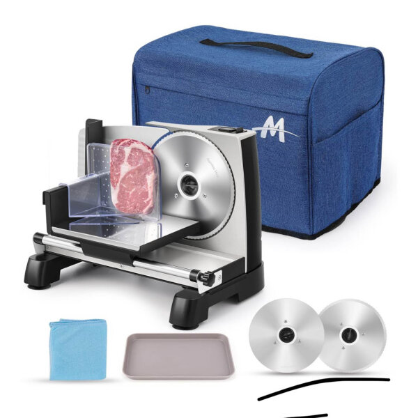 Moongiantgo food slicer, 200W, electric, 19cm stainless steel blade, 0-18mm cutting thickness, ideal for bread, sausage, meat, cheese, vegetables.