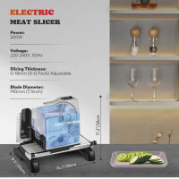 Moongiantgo food slicer, 200W, electric, 19cm stainless steel blade, 0-18mm cutting thickness, ideal for bread, sausage, meat, cheese, vegetables.