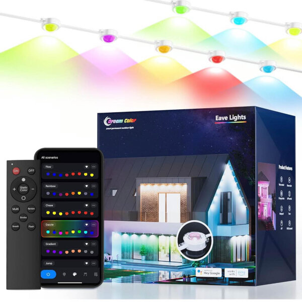 Permanente Outdoor-Lichter, 100 Fuß, 80 LED, intelligente Außenbeleuchtung, IP67 wasserdicht, steuerbar über App/Sprachbefehle.